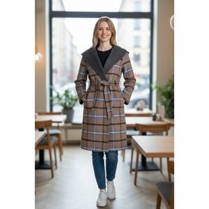 NWT Elie Tahari Coat Wallace Plaid Wrap CATHEDRAL GREY SIZE M-‎